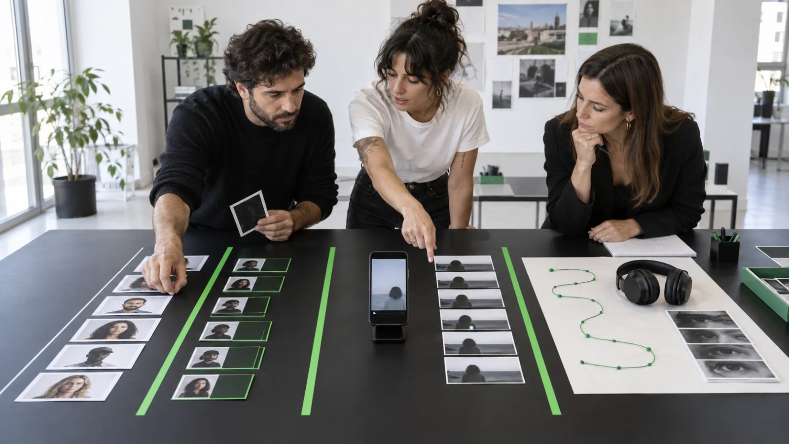 Una creadora y dos responsables de marketing separan personas únicas, exposiciones repetidas, reproducción y atención sobre una mesa