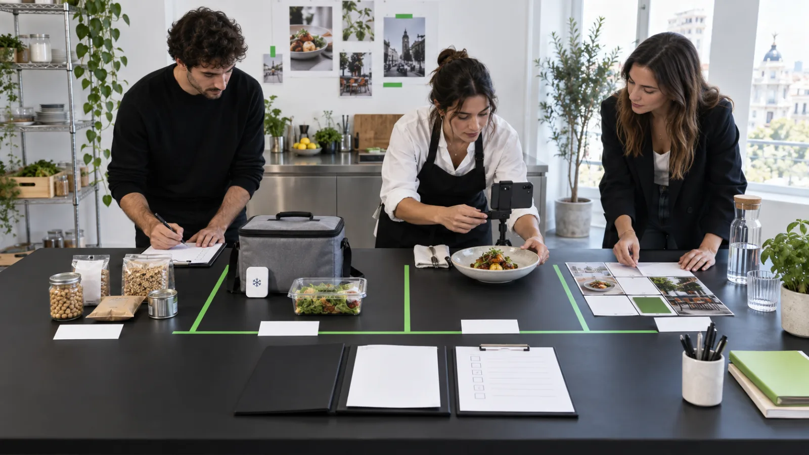 Una creadora gastronómica y dos responsables de marketing coordinan muestras, frío, ubicación y calendario en una mesa de trabajo