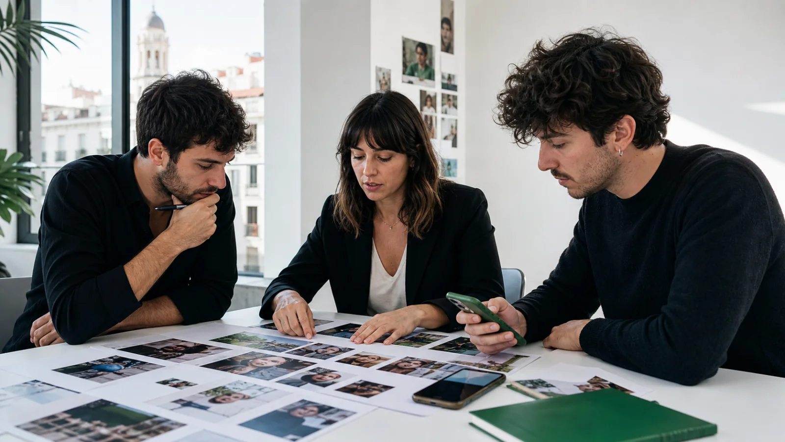 Tres profesionales de marketing comparan perfiles de creadores en una mesa de trabajo en Madrid