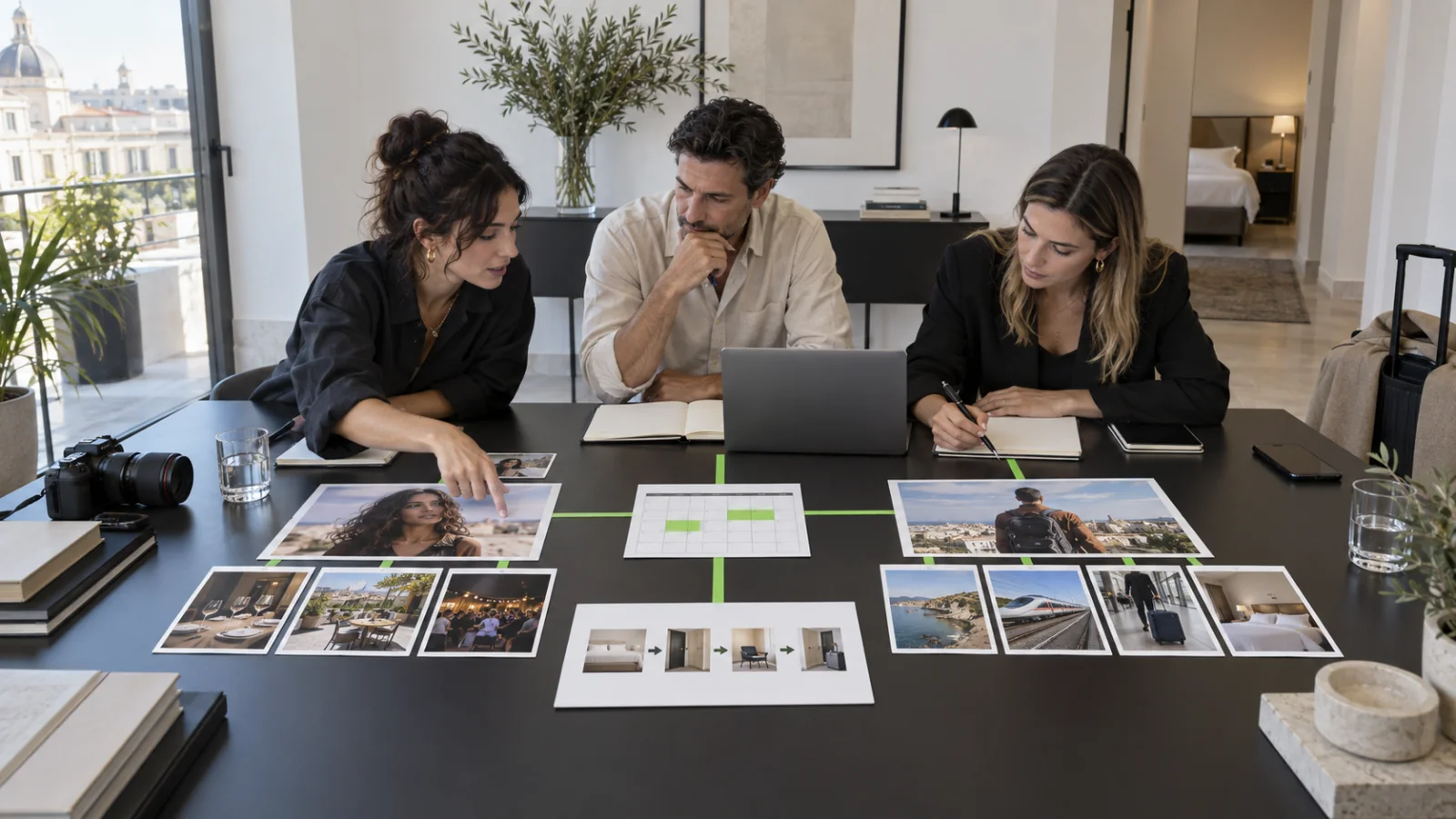Una creadora de viajes y dos responsables de hotel comparan alcance local e intención de viaje con un calendario de reservas