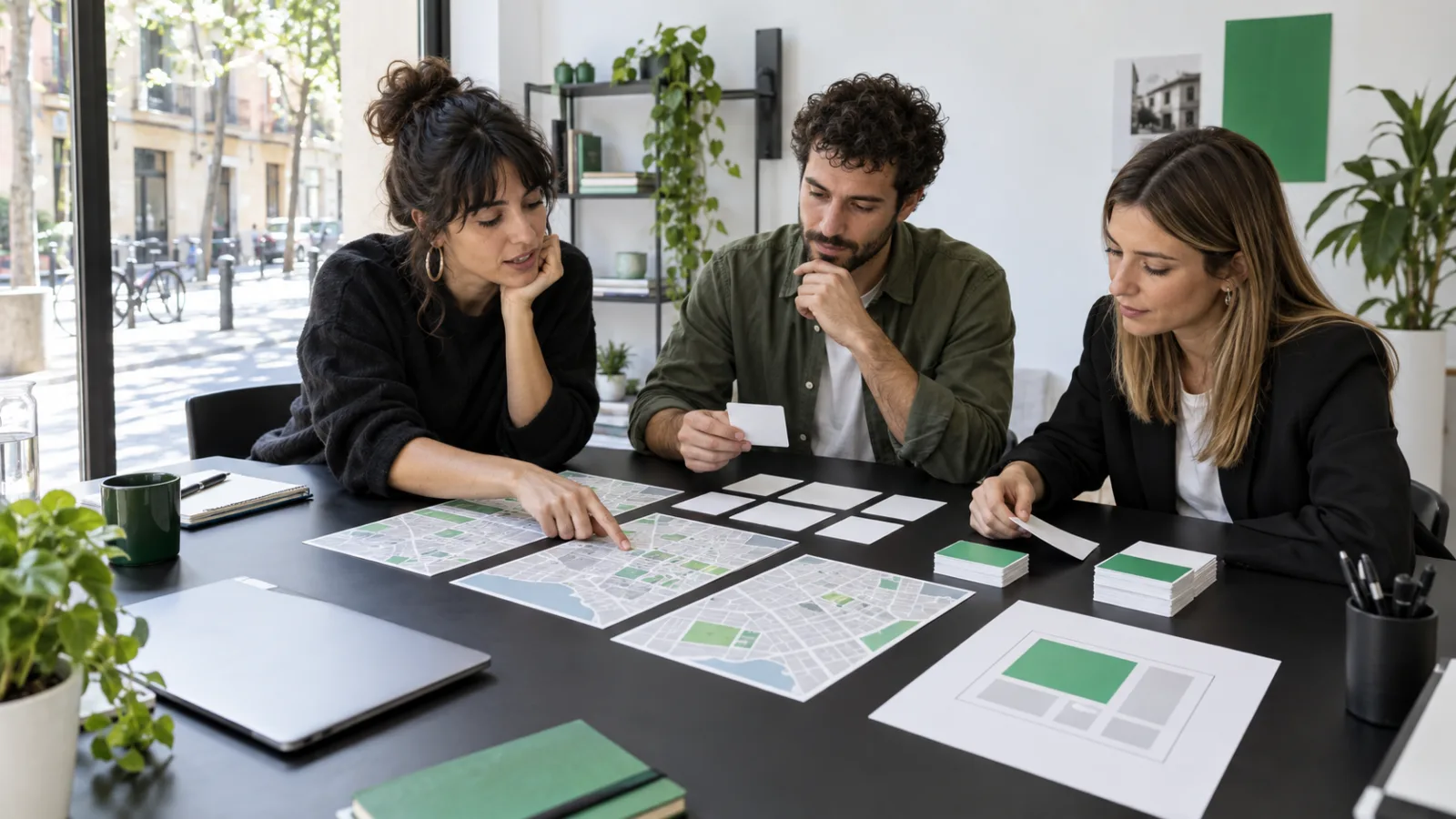 Una creadora y dos responsables de marketing comparan mapas de barrios, fichas de audiencia y versiones de idioma en una mesa de trabajo