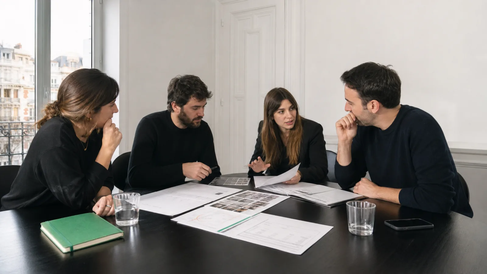 Cuatro profesionales revisan una propuesta de campaña en una reunión de agencia en Madrid