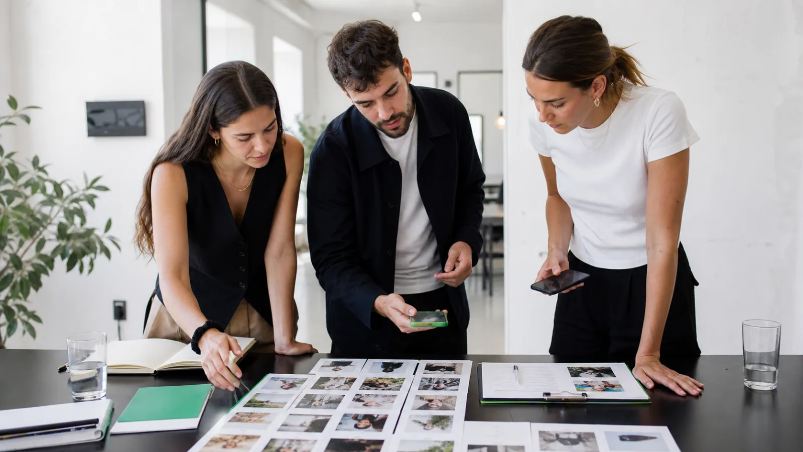 Tres profesionales de marketing revisan perfiles y una lista de control antes de seleccionar microinfluencers