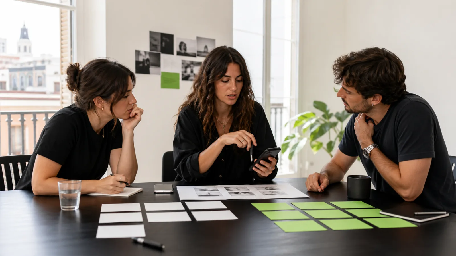 Una creadora guía a un equipo de marca mientras separan requisitos y decisiones creativas