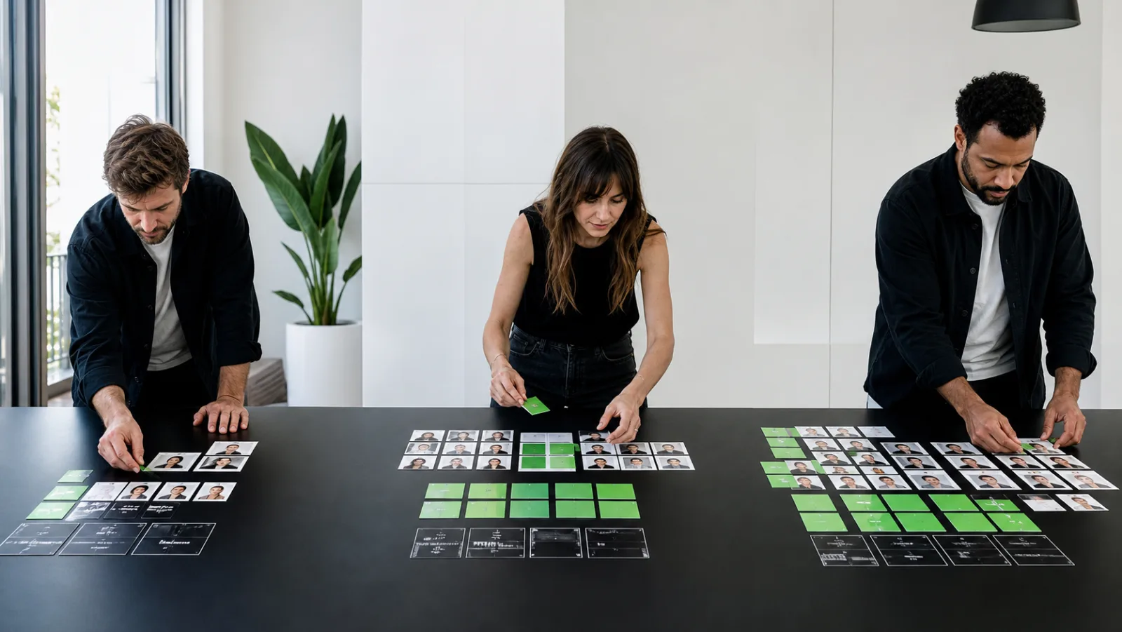 Tres profesionales construyen tres planes de campaña de tamaño creciente sobre una mesa