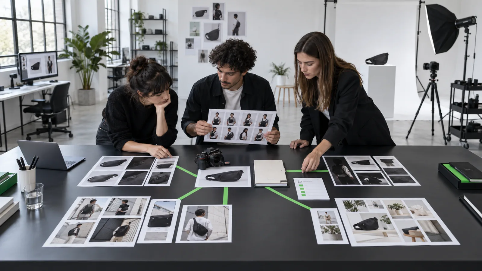 Una creadora y dos responsables de ecommerce distribuyen un contenido maestro en cuatro grupos de formatos sobre una mesa de trabajo