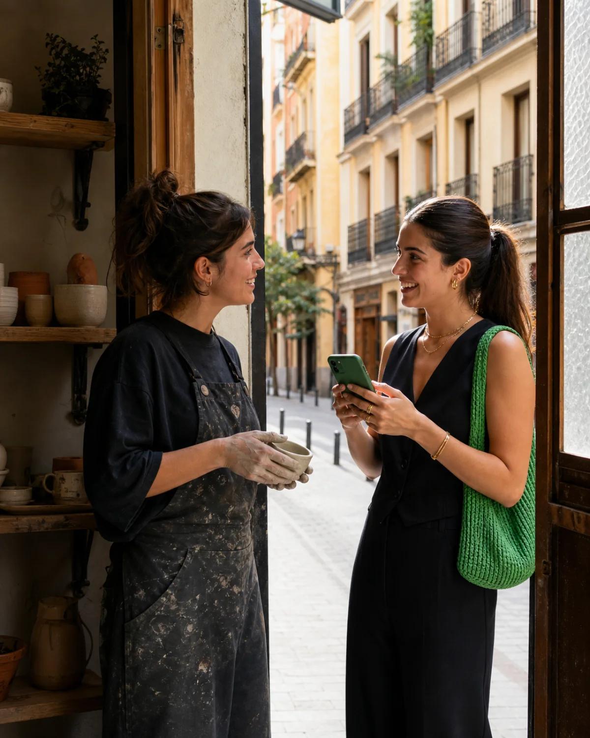 Creadora conversando con una artesana local en Madrid